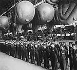 British barrage balloons are safely tucked away in their hangar for the nig